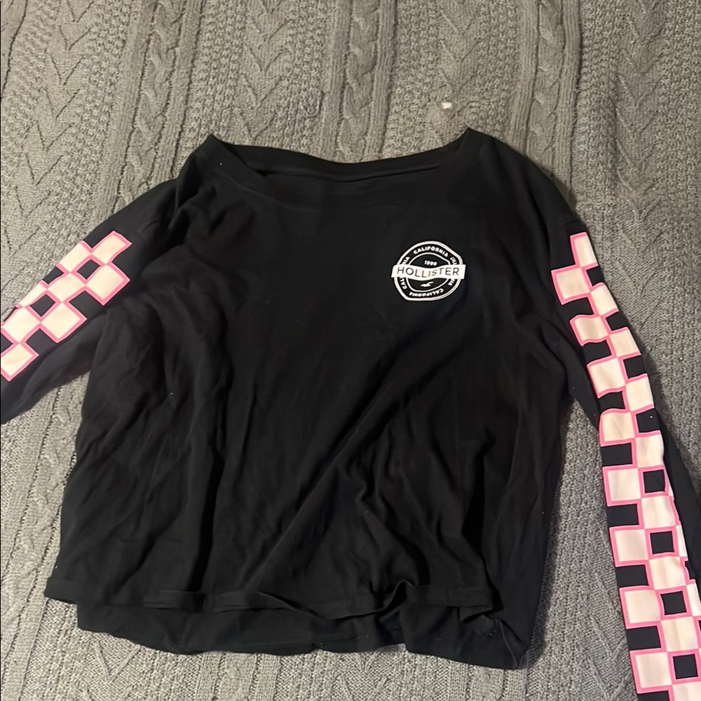 Hollister Black Top with Pink Checkered Sleeves